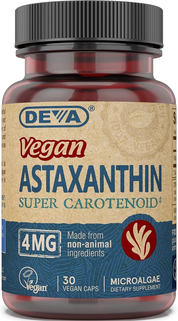 Deva Nutrition Vitamins Astaxanthin 4mg, Vegan, Made from Haematococcus Pluvialis Microalgae, 30 Capsule, 1-Pack