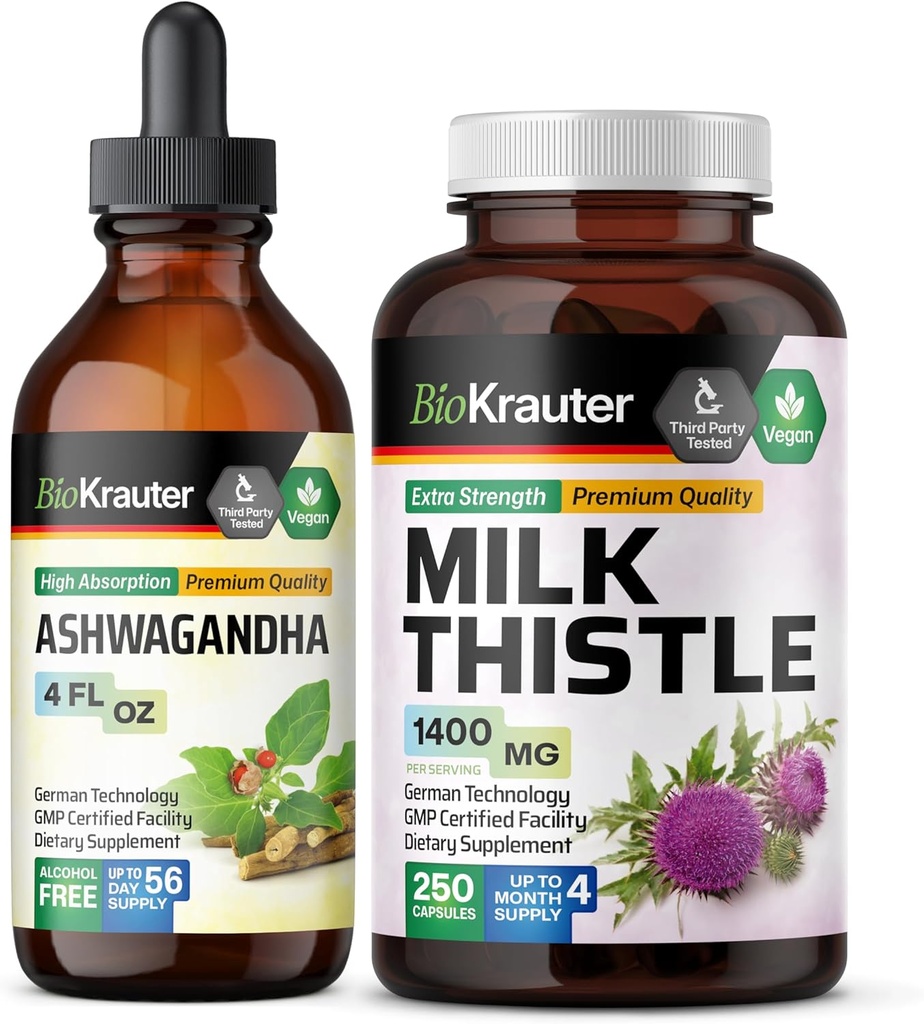 BIO KRAUTTER Ashwagandha Tincture 4 Fl. Oz. & Milk Thistle 250 capsule