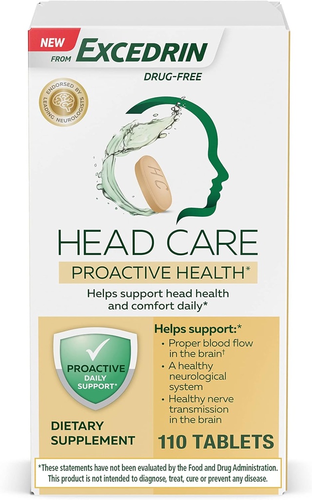 Excedrin Head Care Sănătate proactivă cu magneziu, Riboflavină, vitamina B6, Acid folic și vitamina B12, Supliment alimentar sprijină Head Health și Comfort Daily 