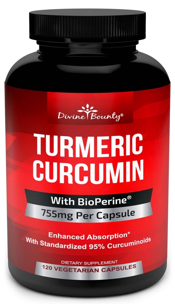 Curcumina turmerica cu extract de piper negru BioPerine - 755 mg pe capsulă, 120 Veg. Capsule - Tumeric fără OMG-uri, standardizate la 95% Curcuminoide pentru potenta maxima