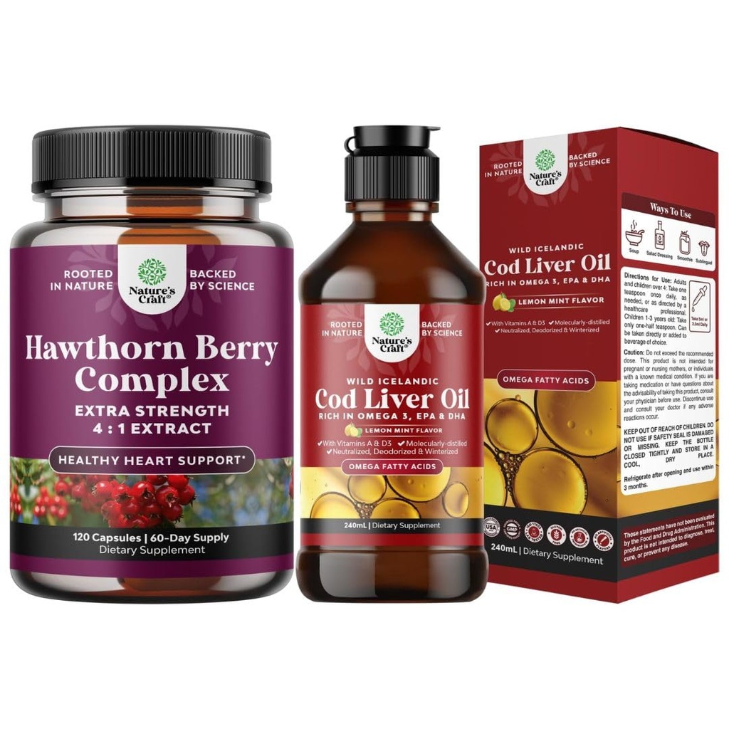 Capac de extra putere Hawthorn Berry capsule Extract de Hawthorn Digestion și Heart Health Supplement și Islanda Cod ulei de ficat lichid lichid Caught Nordic Omega 3 lichid ulei de pește pentru adulți și copil