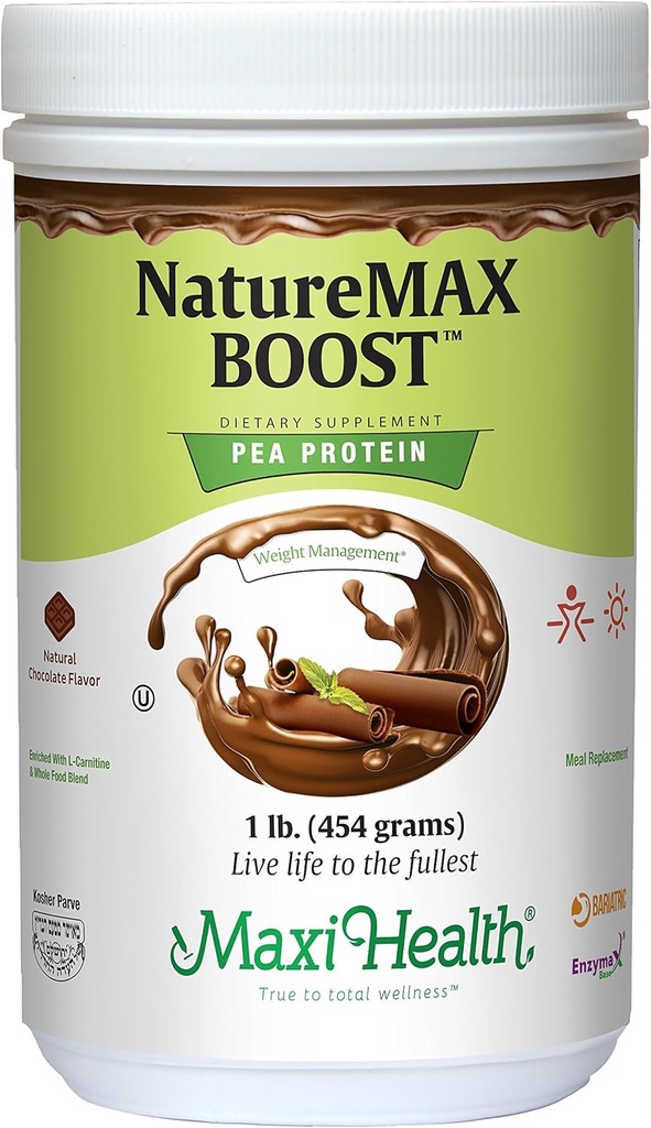 NatureMax BoostTM Pudră de proteine din mazăre - Înlocuire de masă cu energie - 20g Proteină per servire - Aroma de ciocolată naturală - Vitamina Kosher - 1lb.