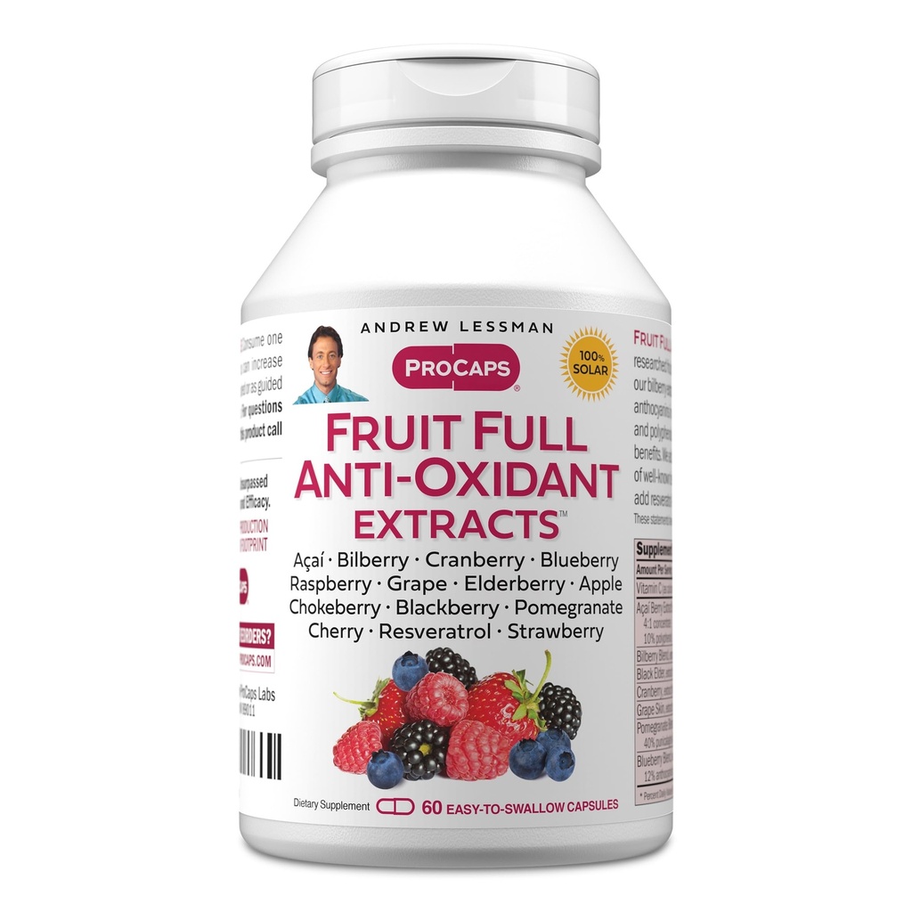 ANDREW LESSMAN Fruit Full Anti-Oxidant extracte 60 capsule - 14 fructe naturale și extracte de Berry. Bilberry, Cranberry, Seminte de struguri, rodii, Resveratrol, şi mai mult. Uşor de înghiţit capsule