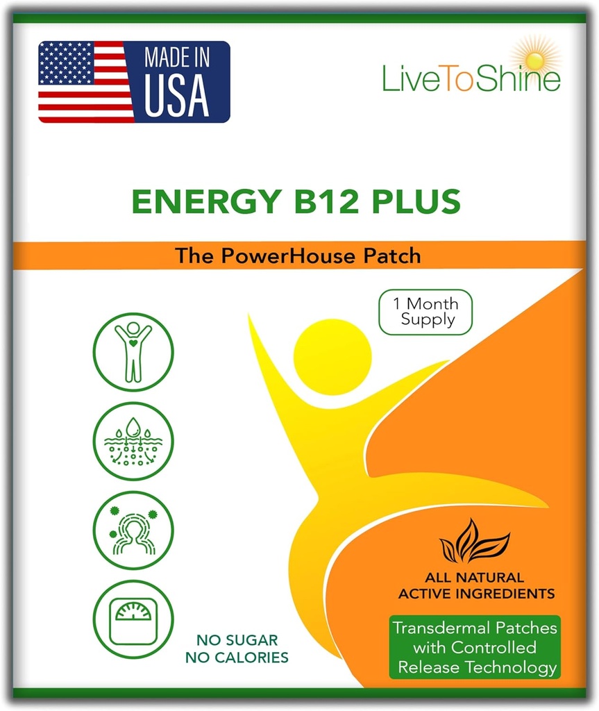 Live To Shine B12 Energy Plus Topical Patch - Suport energie și focalizare pentru femei și bărbați - 30 de zile de aprovizionare - Statele Unite ale Americii Made