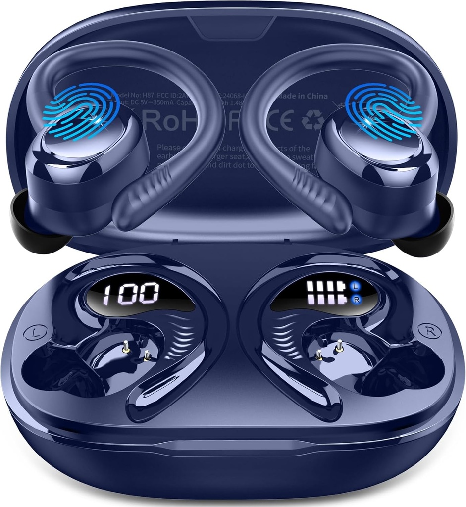 Caiet fără fir Sport, 2025 Bluetooth 5.4 Căști cu earhooks, 50H Stereo Deep Bass peste muguri ureche cu 4 ENC zgomot Anulare Mici, IP7 Căști impermeabile pentru funcționare sală de sport antrenament - albastru