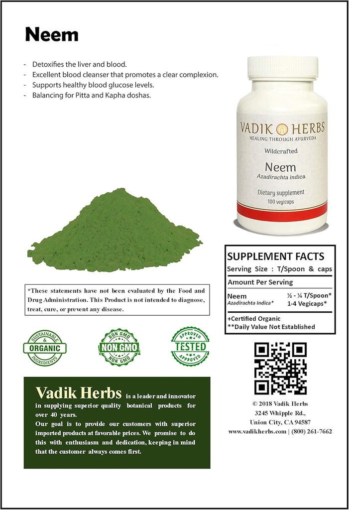 Certified Organic Vadik Herbs Neem (Azadirahta Indica) Powder 1lb. Pack 