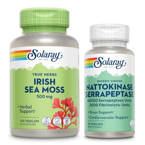 SOLARAY Irish Sea Moss 500mg şi Nattokinaza Serrapeptase Supliment - Wellness Bundle cu vitamine naturale ocurente, minerale - Sanatate guta, Sinus, Heart Health Support, 60-Day Guarantee, 100/30ct
