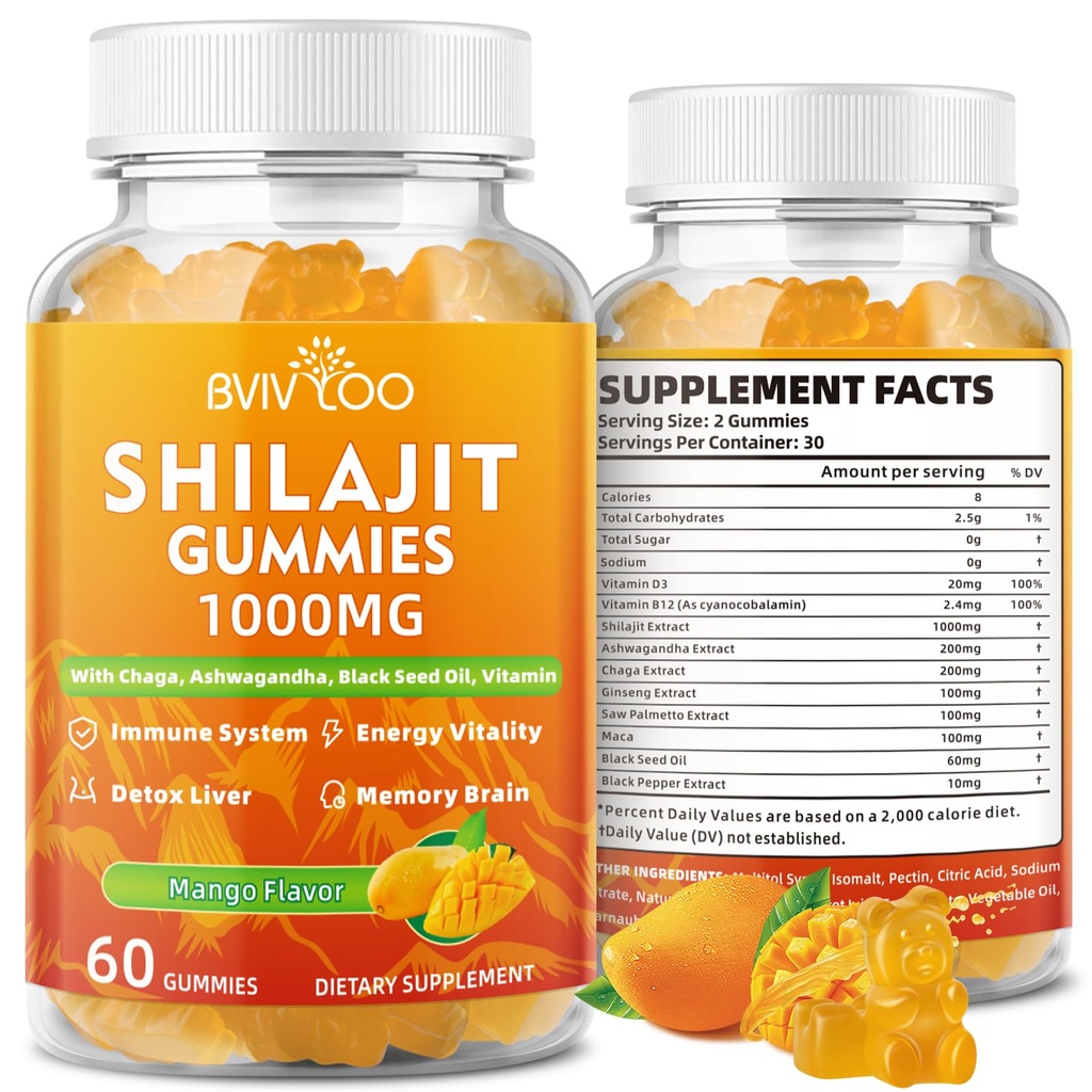 Silajit Gummies 1000mg Sugar Free - Silajit Supplement for Men & Women - High in 85+ Trace Minerale & Acid pelvian - Energy, Brain, Imunitate - 60 Gummies