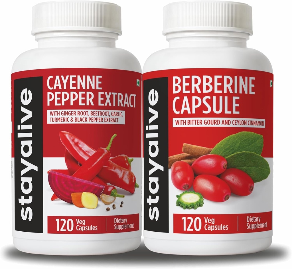 STAY AVE Cayenne și Berberine Bundle cu scorțișoară Ceylon și extract de gourd bitter, 240 Vegan pastile, non-GMO & Gluten gratuit Berberine Cayenne Pepper Supliment