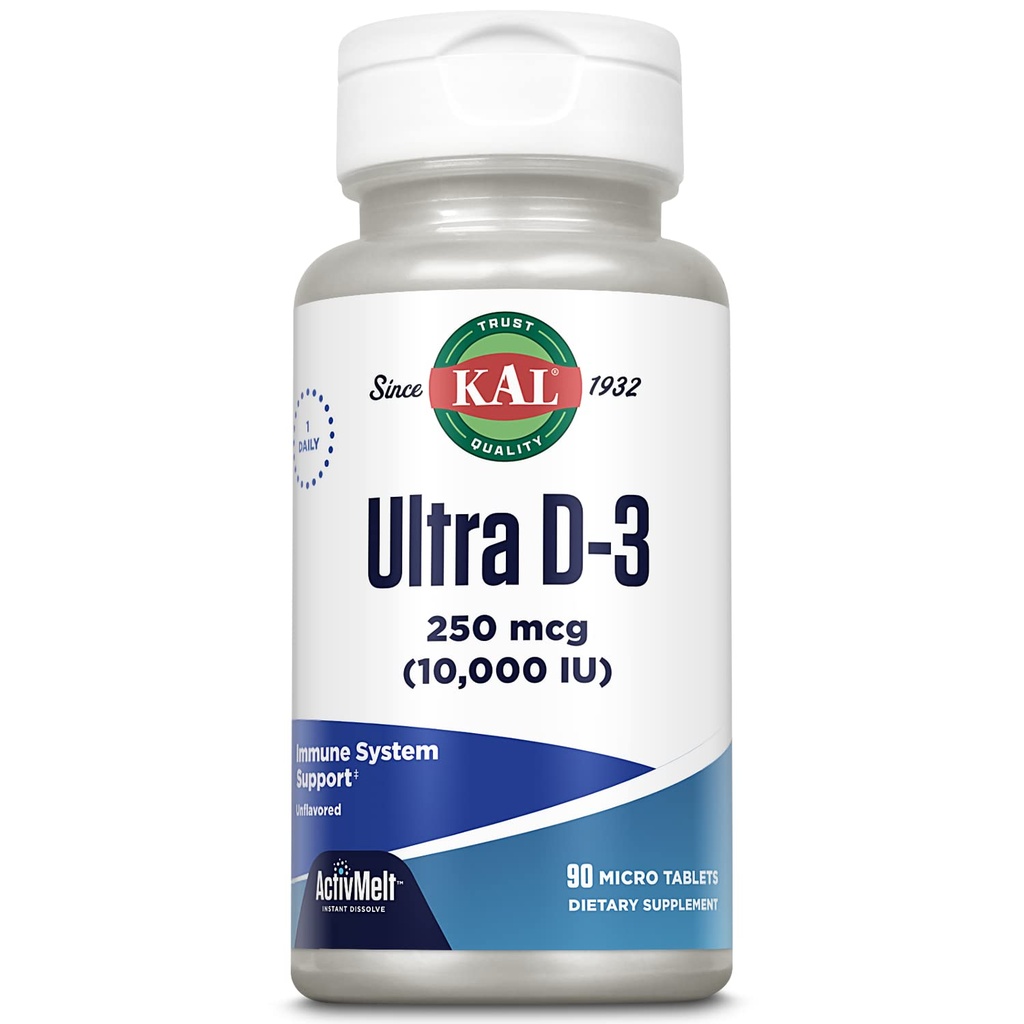 KAL Ultra Vitamina D3 250 mcg (10000 UI), Vitamina D de înaltă potenţă, Absorbţia calciului, Sănătatea osoasă şi Suplimentul de suport imun, Dizolvare instantanee, ActivMelt nearomatizat, 90 Serviri, 90 Micro Tablete