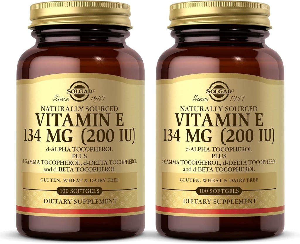 SOLGAR Vitamina E 200 UI - 100 Softgels, Pachet de 2 - Antioxidant natural, Suport pentru sistemul imunitar - Gluten gratuit, Dairy Free - 200 Serviri totale