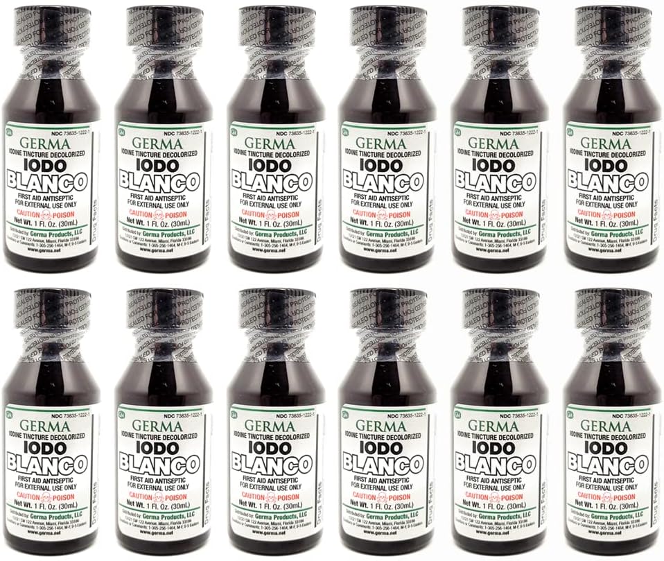 Germa White Iod Tincture. Primul ajutor antiseptic pentru zgârieturi minore, tăieturi, vânătăi şi arsuri. Previne infecţia pielii. 1 oz. Cutie cu 12 doze