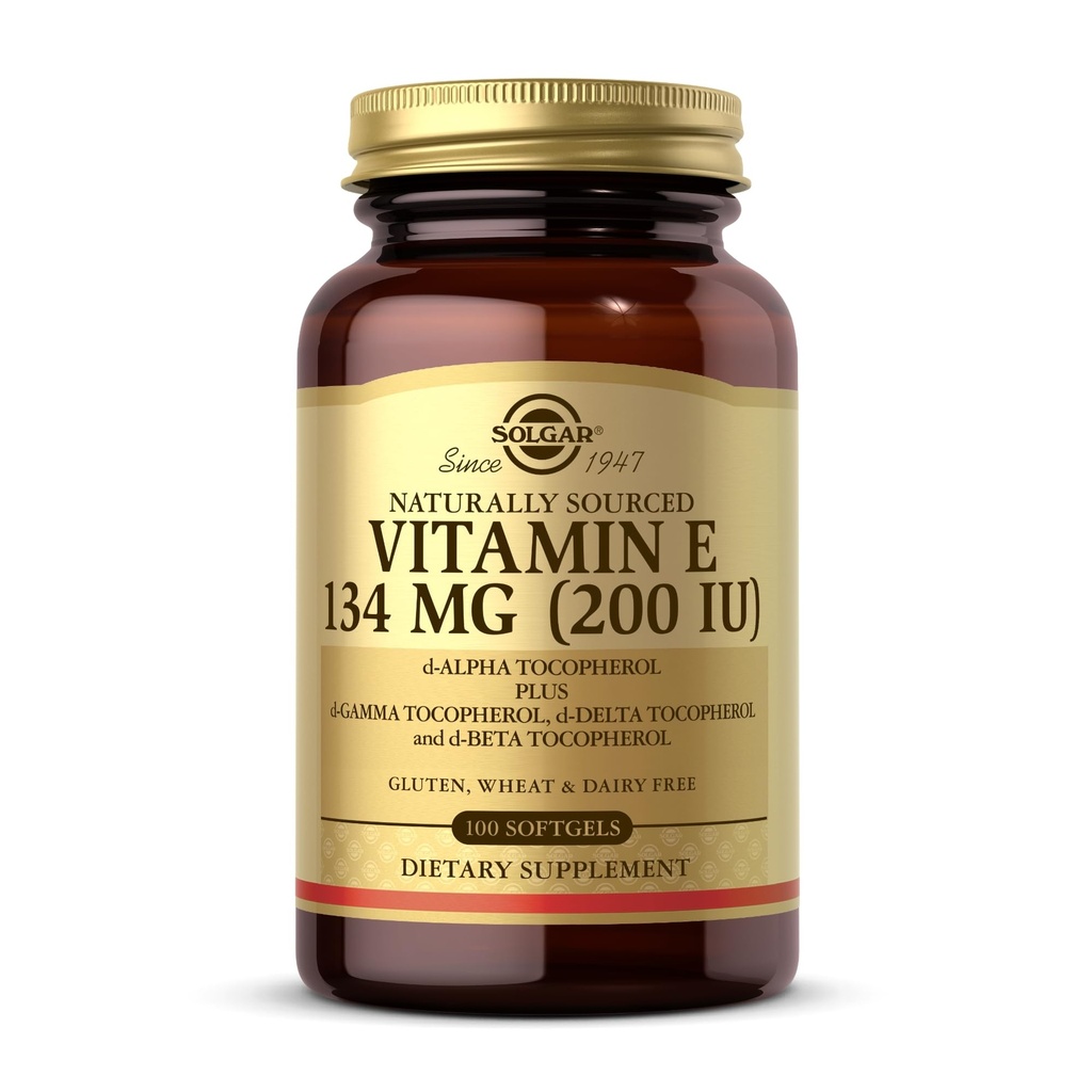 Solgar Vitamina E 200 UI - 100 Softgels - Antioxidant natural, Suport pentru sistemul imunitar - Gluten Free, Dairy Free - 100 Serviri