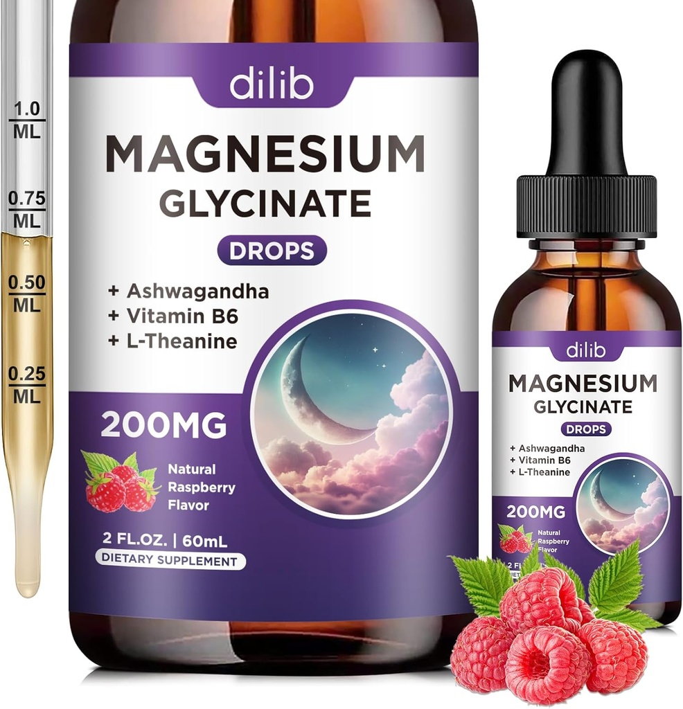 Magneziu Glicinate 200mg Supliment, Magneziu Picături lichide cu vitamina B6, Ashwagandha, L - Theanină, Mușețel -Suport Stress Relief, Os, Muscle, Mood Vegan - Aroma de zmeură - 2 FL.OZ