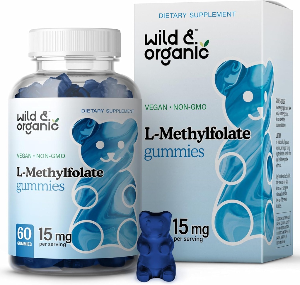 Wild & Organic L-Metilfolat 15mg Gummies - Mood & Brain Supplement - Folate 5-MTHF pentru creier, Focus, Clarity - Folate Supplement w/Vitamin B9-60 Non-GMO L Metilfolat Gumies