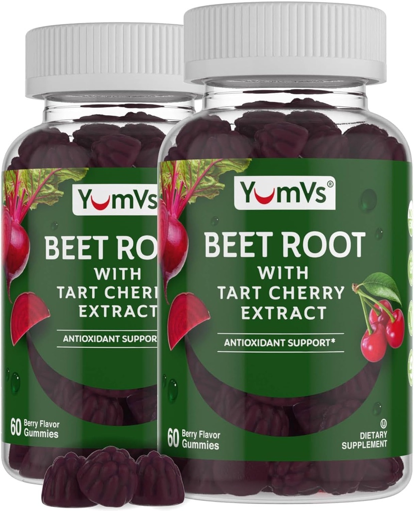 Gumiile de sfeclă YUM-V'S cu extract de cireşe cu tartă - Gumiile cu aromă de sfeclă - Chews de sfeclă pentru circulaţia sângelui şi suport antioxidant - Red Beets Gumries Berry 60 Count (Pachet de 2)
