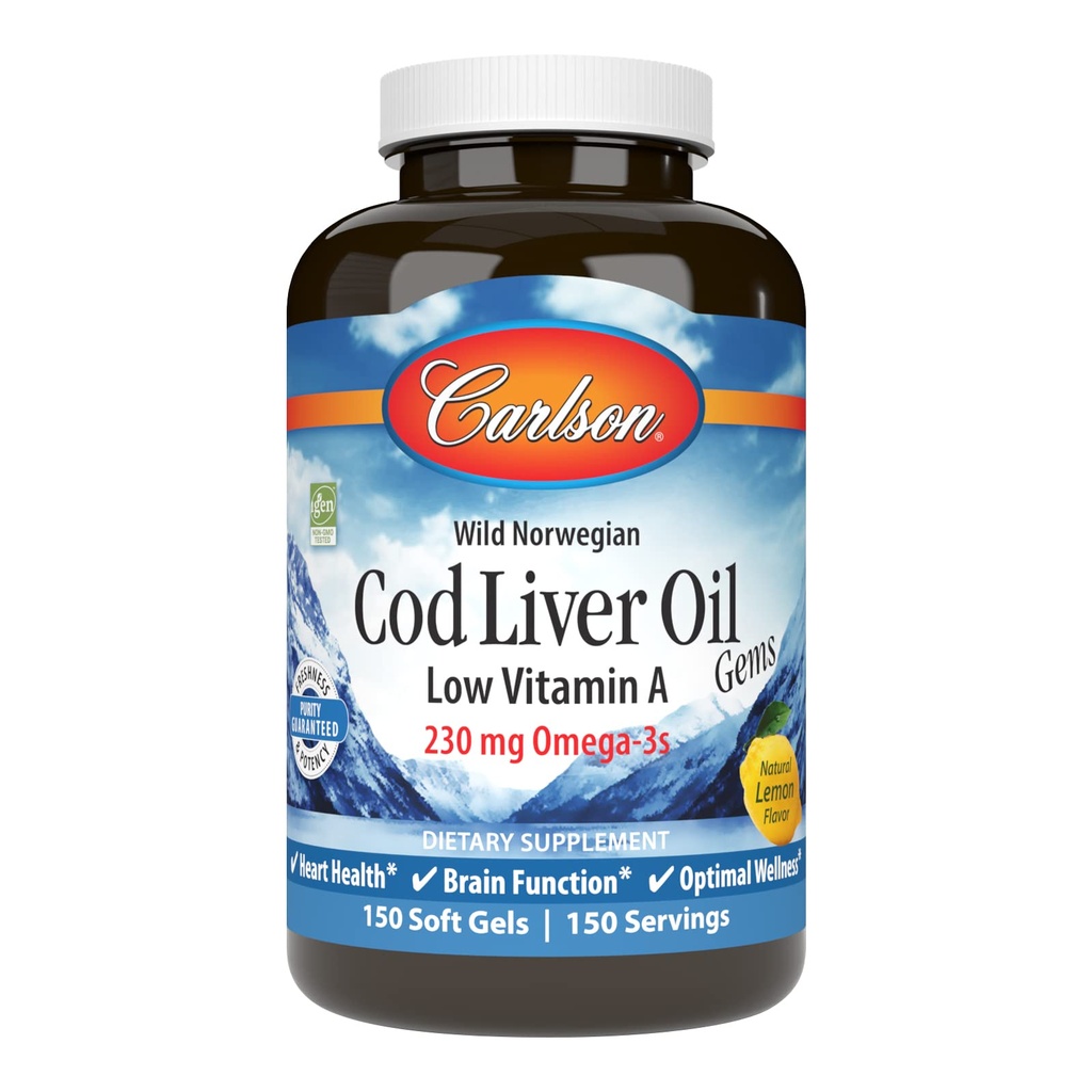 Carlson - Cod Oil Gems, Low Vitamin A, 230 mg Omega-3s, Norvegian, Wild Caught, Sustainable Sourced, 150 Softgels