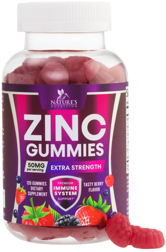 Gume de zinc 50mg - Piele osoasă și suport imunitar Sănătate Gummy & Premium Antioxidant Chewable pentru adulți - Mare absorbție Vegan, Gluten Suplimente gratuit de zinc Vitamina - Aroma gustoasă Berry - 120 Gume