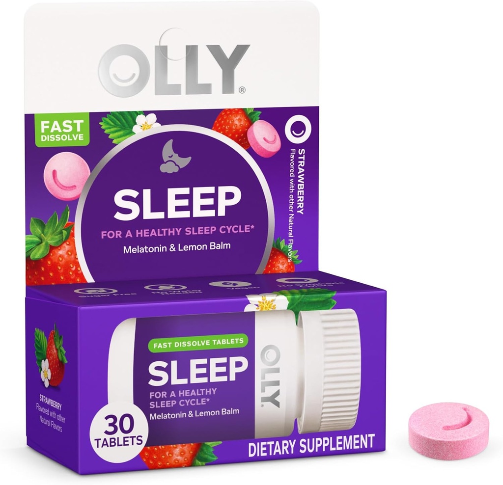OLLY Sleep rapid dizolvari, 3mg Melatonina, Lemon Balm, Aroma de căpșuni, 30 zile de aprovizionare - 30 Conte