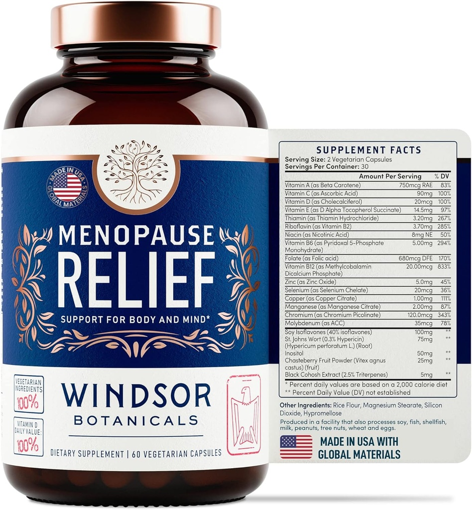 Menopauza Suplimente pentru femei - Windsor Botanicals Multivitamine cu Chastebry, Black Cohosh pentru Flash-uri fierbinți, Menopause Relief și Hormon echilibru pentru femei - 60 pastile naturale progesteron Estrogen