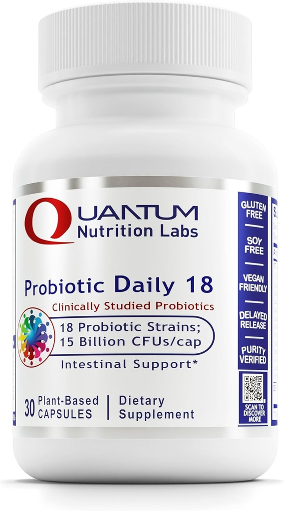 Laboratoare de nutritie cuantica Probiotic Daily 18 - Probiotice pentru sanatate digestiva, Probiotice pentru femei si barbati cu Lactobacillus Acidophilus, Reuteri pentru Microbiome Sanatos Gut - 30 Capsule vegetariene