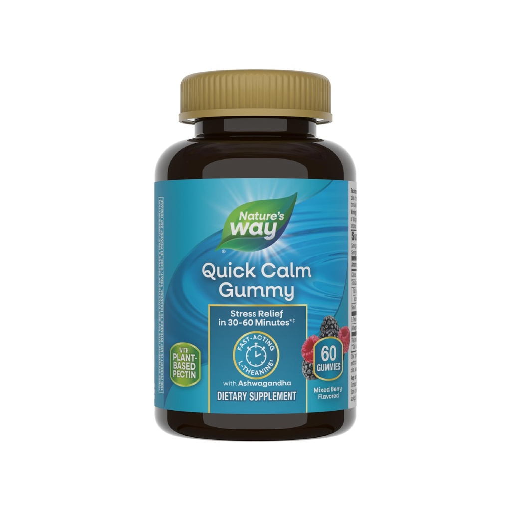 Natura's Way Quick calm Gummies, L-Theanine for relaxation*, Fast-Actioning, Stressse Relief from L-Theanine In 30-60 minute*, with Ashwagandha, Vegetarian, Mixed Berry Flavored, 60 Gummies
