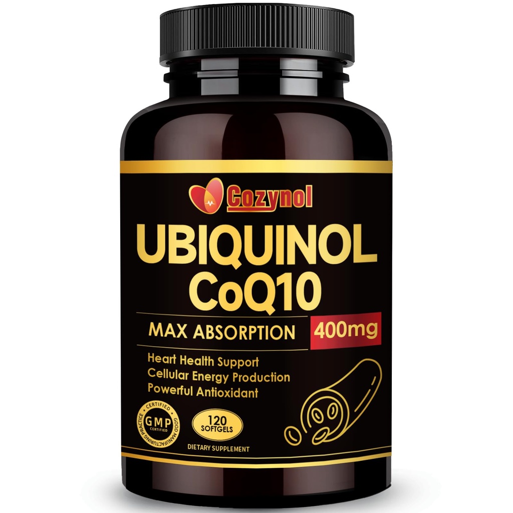 Ubichinol CoQ10 400 mg Softgels cu vitamina E & Omega-3, Coenzima de absorbţie maximă Q10, Antioxidant puternic, Susţine Heart Health & Energy-Production,120 Conte, Non-GMO