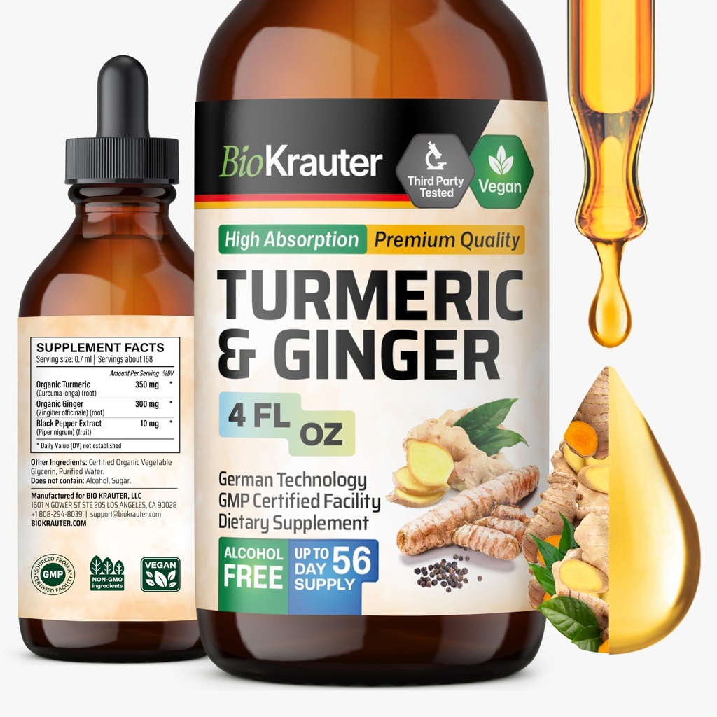 BIO KRAUTER® Turmeric şi Ginger Supplement - Pure Vegan lichid Turmeric şi ghimbir Tinctură cu Pepper 4 Fl.Oz 56 zile de aprovizionare - Curcumin picături pentru suport comun, Antioxidant şi suport imun