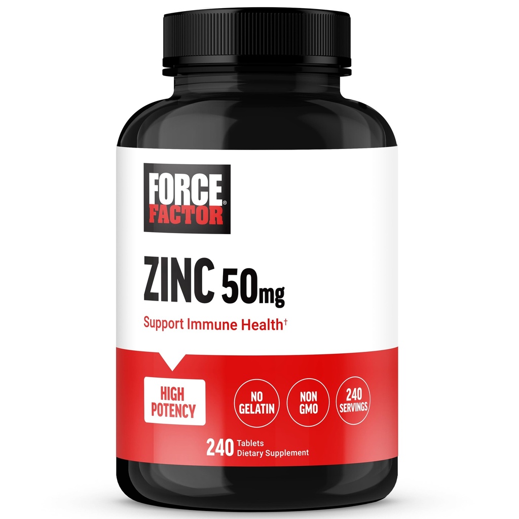Force Factor Zinc 50mg, Suplimente de zinc cu oxid de zinc pulbere, zinc Gluconat, și Zinc Citrat de suport imunitar și sănătate imună, de înaltă calitate, Vegan, Gelatină gratuit, non-GMO, 240 comprimate