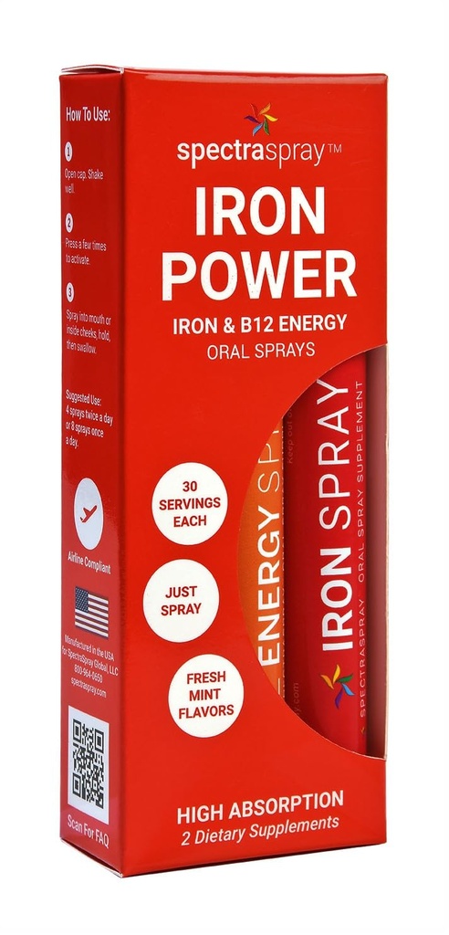 SpectraSpray Fier & B12 Vitamina lichid Spray oral - grad alimentar Fier ca un mineral zilnic esențial și B12. Vegan, gluten gratuit & extrem de eficient, 30 zile de aprovizionare pe spray