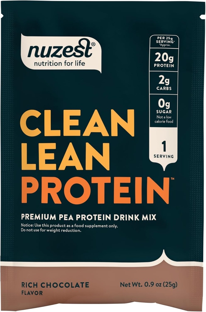 Nuzest - Pudră de proteine pe bază de mazăre - Proteină Lean curată, Praf de proteine pe bază de plante Vegan Premium, Dairy Free, Gluten Free, GMG Free, îndulcit natural de proteine Shake, Ciocolată bogată, 1 Servire, 0.9 oz