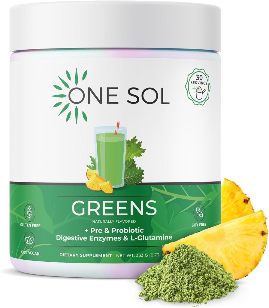 Un Sol Greens, Super Greens Powder pentru a reduce Blooting & Îmbunătățire Sanatate Gut, Superfood proaspete Bloom Greens organice Blend suc & Smoothie Mix, Pre & Probiotic cu enzime digestive, Vegan & Soy Free