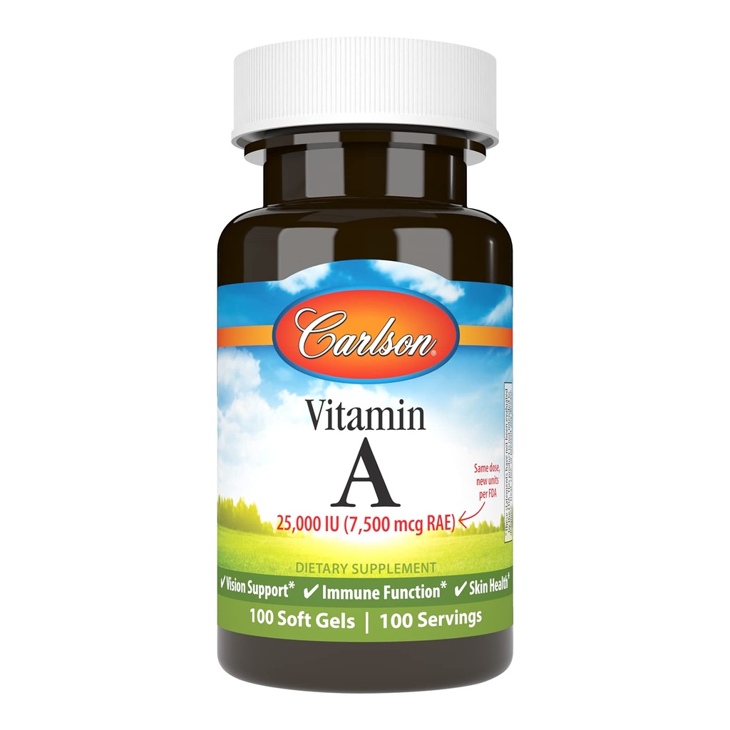 Carlson - Vitamina A, 25000 UI (7500 μg RAE), Vision & Skin Health, Immune Function, 100 geluri moi