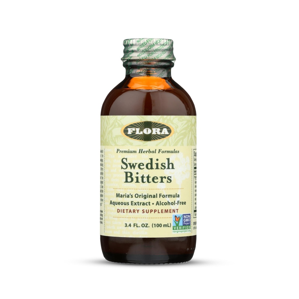 Flora - Suedeză Bitters for Digestion, Alcool-Free Bitters Help Bloating & Digestion, Maria's Original Formula Aqueous Extract, Vegan, Kosher, Non OMG, 3.4-fl. oz. Flacon de sticlă