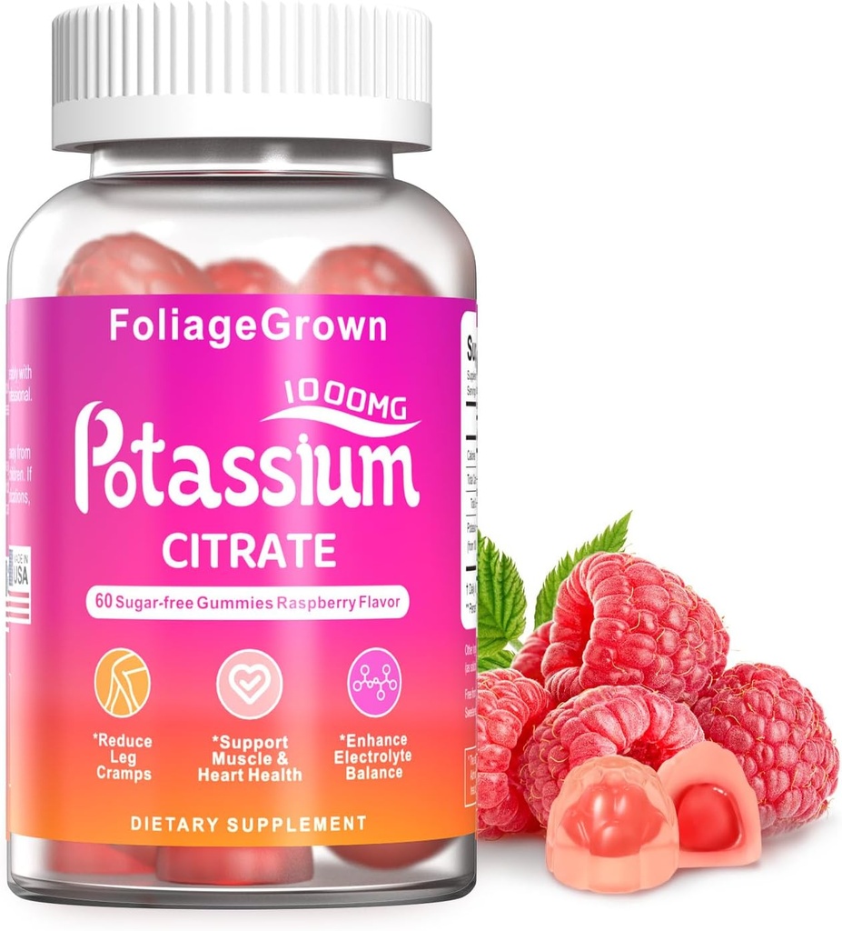 Supliment de potasiu Gumies 1000mg - Supliment de potasiu pentru cramps picior, Musculare & Heart Health - 1 luna Supliment (60 Conte)