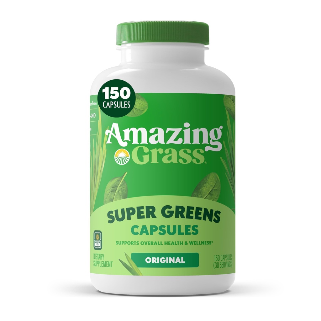 Verdele de iarbă uimitoare se amestecă capsule super-alimentare: Super Verzi cu Spirulina organică, Chlorella, Root Root Powder, Enzime digestive & Probiotice, 150 capsule (Packing May Vary)