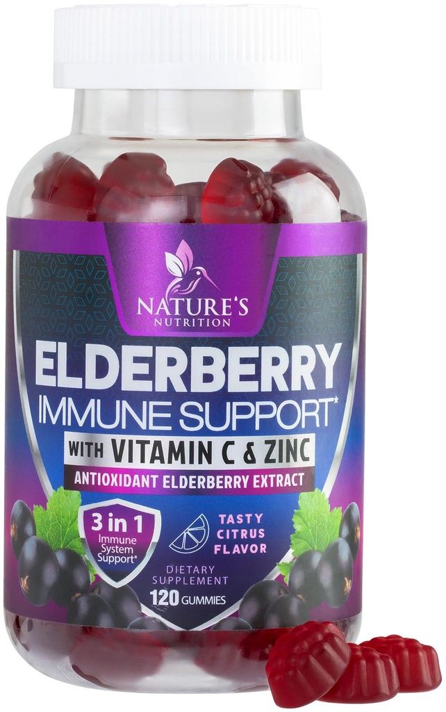 Suport imun Gumiile cu extract de elderberry - Sambucus Elderberry Gummy cu zinc & vitamina C, Natural Vegan Immune Supplement pentru adulți și copii, Gummy Elder Berry Vitamine - 120 Gummie