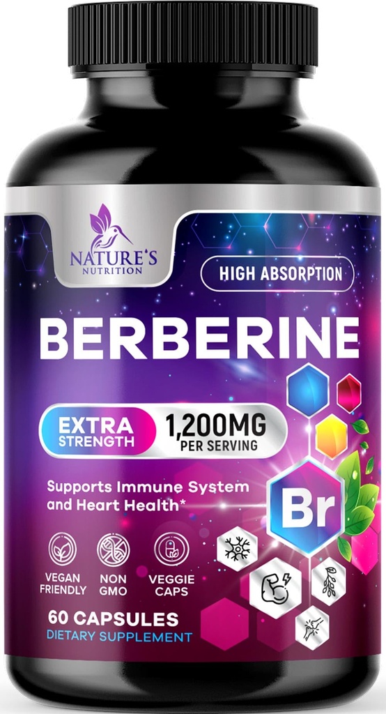 Berberine HCL 1200mg Supliment - Berberine capsule HCI Supliment de absorbţie mare pentru Heart Health & Immune Support, Putere mare, Gluten-Free, Vegan, Pastile non-GMO - 60 Capsule vegetale
