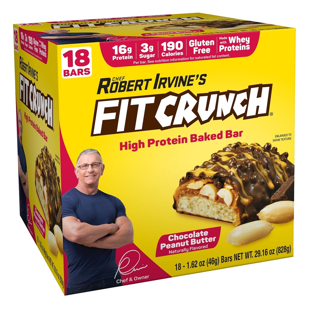 FITCRUNCH Snack Dimensiune Baruri de proteine, 6-Layer Baked Bar, 3g de zahăr & Soft Cake Core (18 Baruri, Unt de arahide)