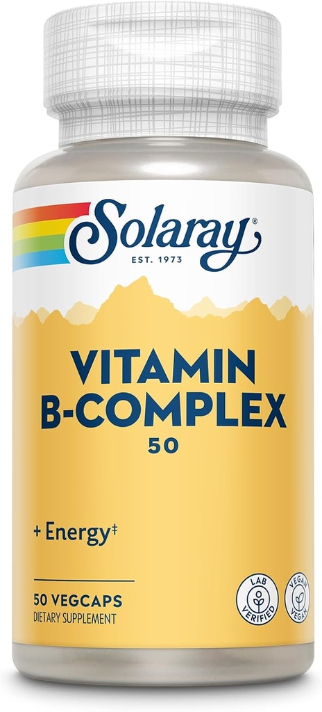 SOLARAY Vitamina B Complex 50 mg - Vitamine cu energie celulară - Metabolizare și Nervi de asistență medicală cu vitamina B12, vitamina B1, B6, Niacina, Acid folic, Biotina și alte vitamine B - Vegan, 50 VegCaps