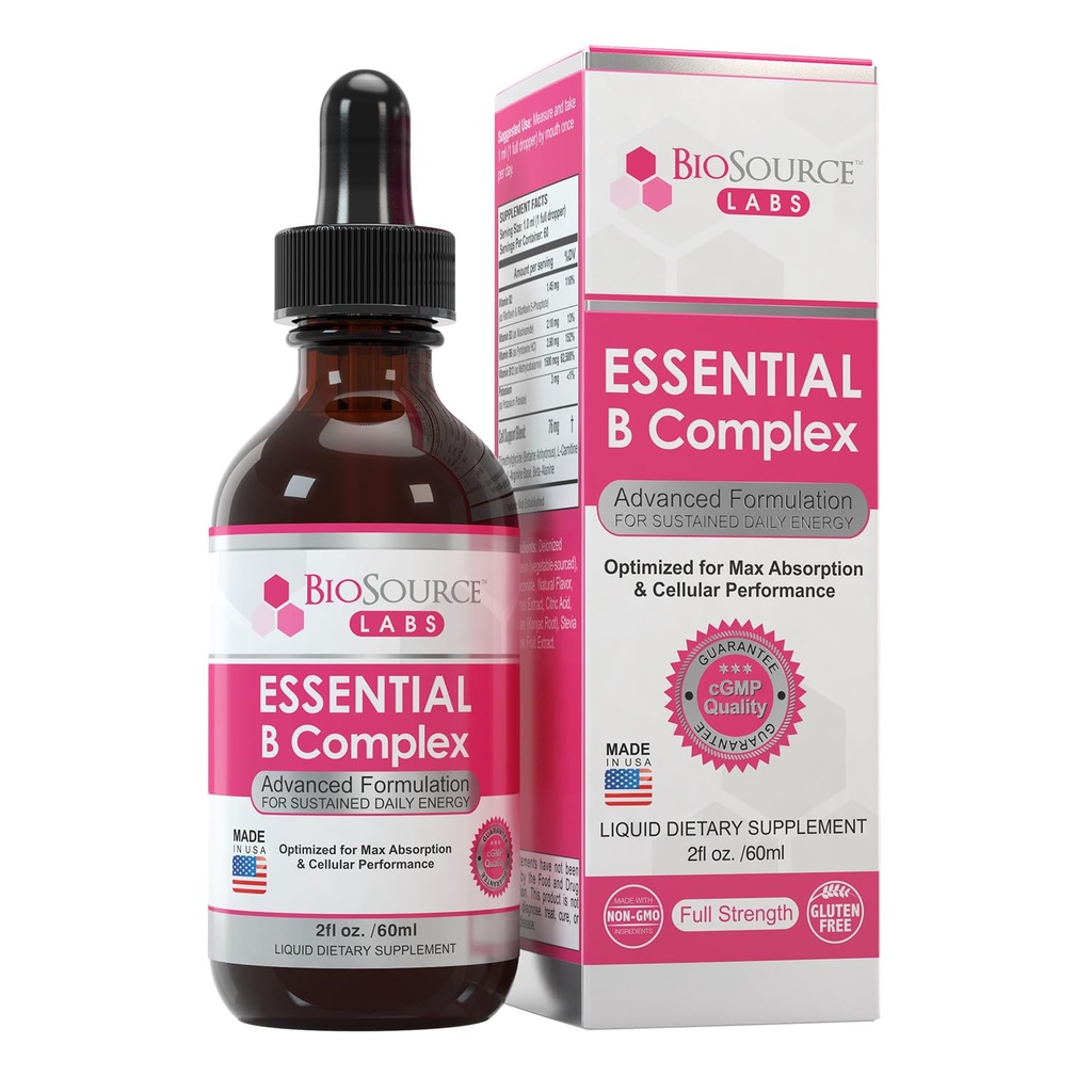 BioSource Labs Essential B Complex - Daily Vegan Vitamina B-complex picături sublinguale lichid w/metil B12 (2oz / 60ml sticla) - 60-Day Supply