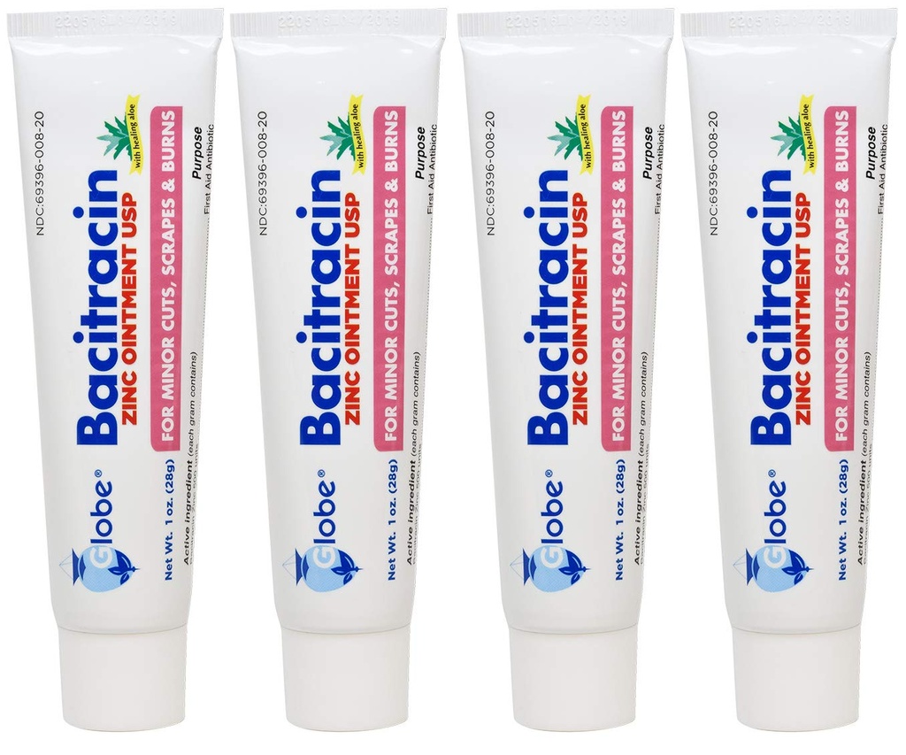 (4 Pack) Globe Bacitracin Zinc Ointment + Aloe 1oz, Antibiotic Ointment, Essential Antibiotic First Supplies, Vindecare Acţiune, Putere Antibiotică Maximă, Prevenirea Infecţiei în tăieturi, zgârieturi, Burns