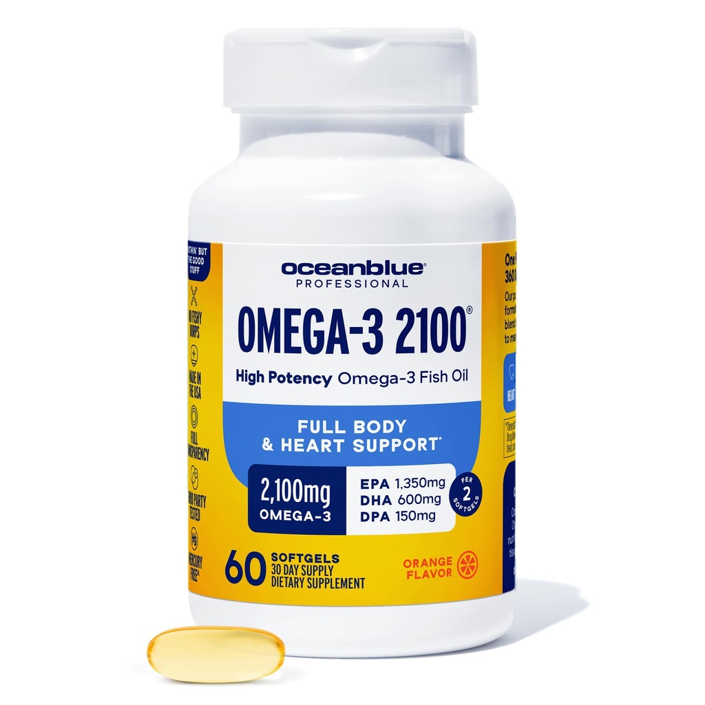 Oceanblue Professional Omega-3 2100mg supliment ulei de pește Putere triplă, EPA de mare potențial, DHA & DPA Burpless, Wild-Caught, naturale Orange Flavor 60 Softgels (Pachet de 1)