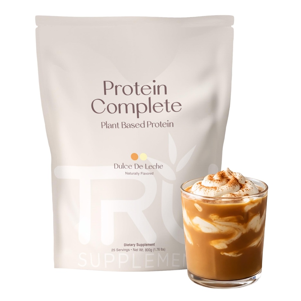 Suplimente TRU Pudră de proteine pe bază de plante, BCAA, EAA, 20g Vegan Brown Rice & Proteina de mazăre, 100 Calorii, 27 Vitamine, Fără arome artificiale 25 Serviri 25 Serviri (Dulce De Leche)