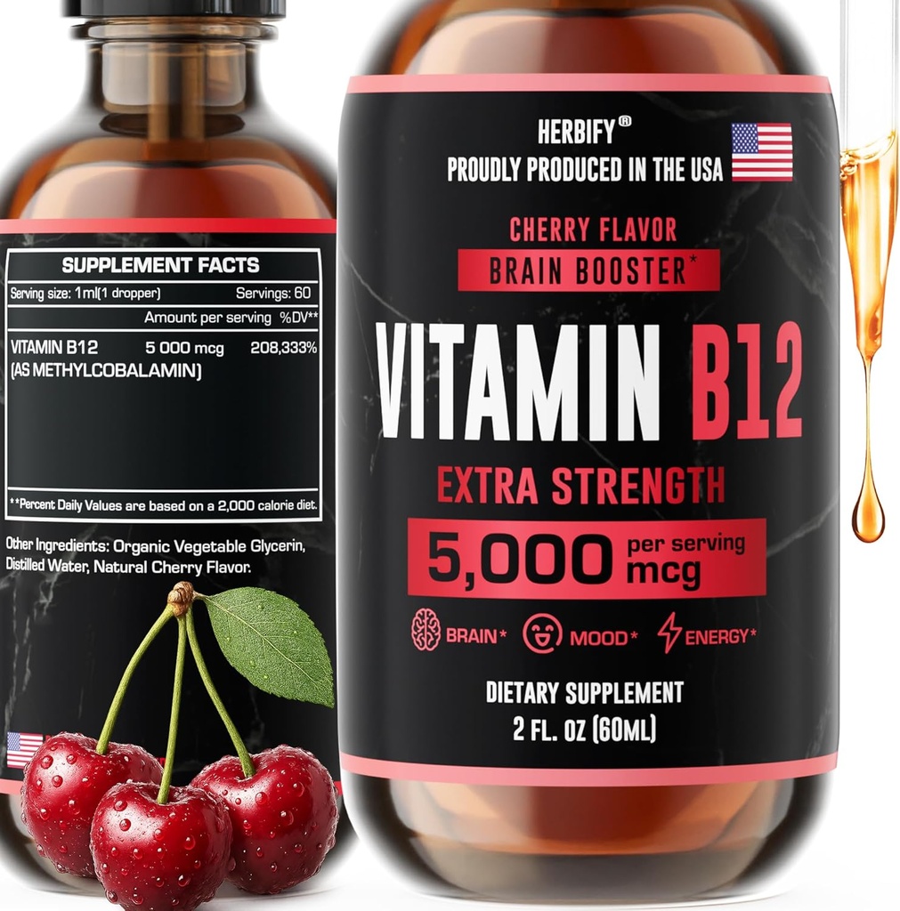 HERBIFY Vitamina B12 Suplimente de energie multivitamine metilate pentru femei și bărbați - B12 vitamine lichide 5000 Mcg metilcobalamină - Suport energetic și sănătate imună Vitamină lichidă 2 Oz