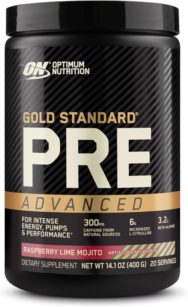 Optimum Nutrition Gold Standard Pre Workout Avansat, cu Creatine, Beta-Alanină, Micronizat L-Citrulline și Cafeina pentru Energie, Keto Friendly, Zmeură de zmeură Mojito, 20 Serviri