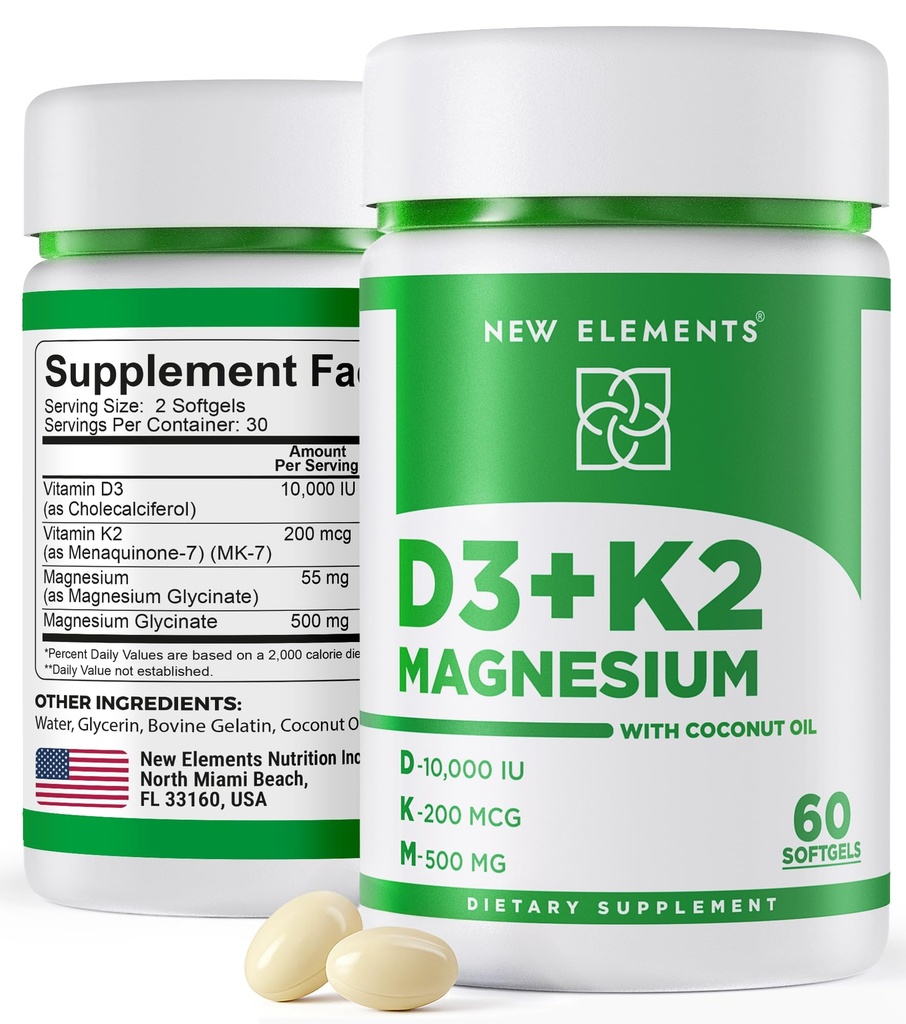 Elemente noi Vitamina D3 K2 10000 UI cu Glicinat de magneziu 500mg - Sănătate osoasă, Suport Imun, Energie & Mood - Non-GMO, Gluten-Free, Softgels fără zahăr pentru femei și bărbați (60 softgels)