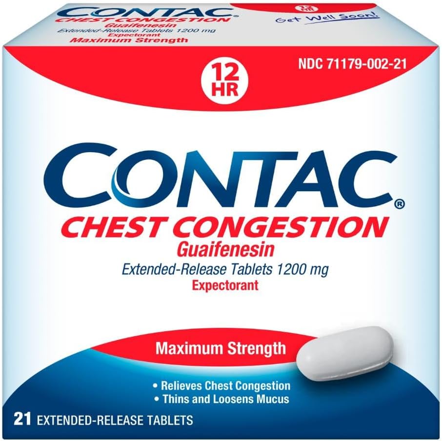 Contac congestie toracică, concentraţie maximă Expeectorant Controls Tuse şi Thins şi Loosens Mucus, Extended Release Tablets, Guaifensin 1200 mg, Extended Release Tablets, 21 Count