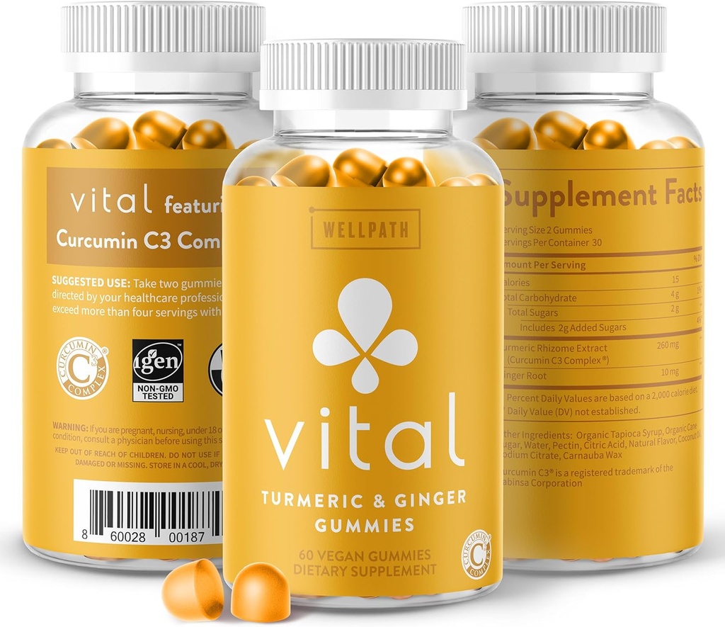 Ei binePath Vital Turmeric Gumies + Ginger - Suport comun Curcumin Supliment, Curcumin Turmeric Complex C3, Tasty Alternative la Capsule, Turmeric & Ginger Root, Aroma Tropicala Chews, Vegan, 60 Ct
