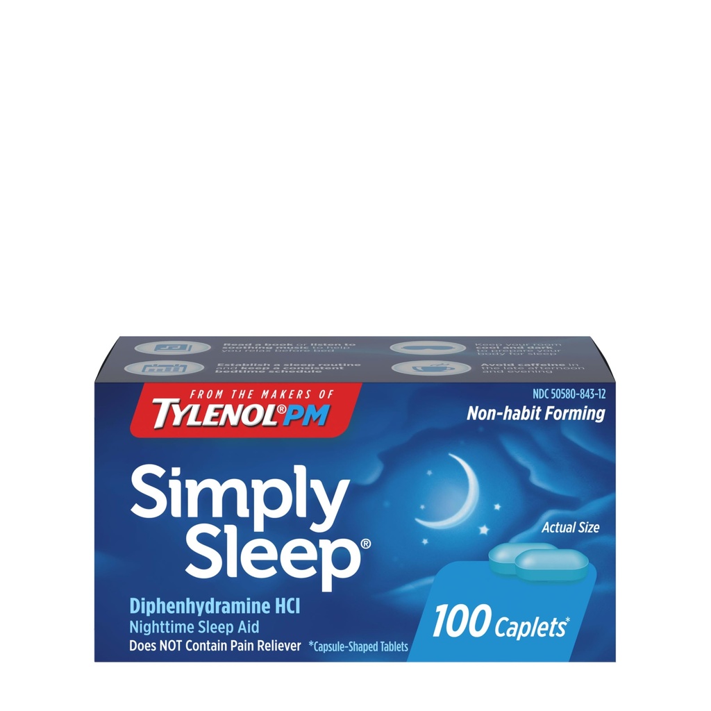 Tylenol Pur și simplu somn pe timp de noapte somn Caplete de ajutor, 25 mg difenhidramină HCl, non-Habit de formare ajutor de somn pentru adulți, 100 Conte